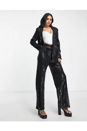 NaaNaa Pantaloni a vita alta con paillettes neri in coordinato