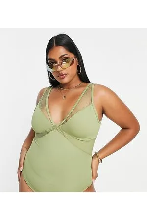 We Are We Wear Plus - Costume da bagno kaki con inserto in rete e scollo profondo