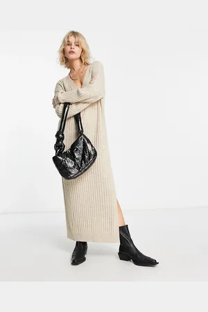 ASOS Vestito maglione lungo in maglia color avena con scollo a V