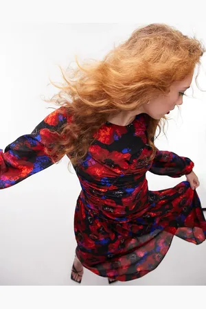 Topshop Vestito midi arricciato a maniche lunghe con stampa a fiori grandi