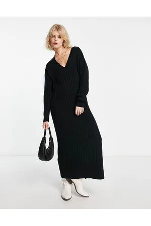 ASOS Vestito maglione lungo in maglia nera con scollo a V