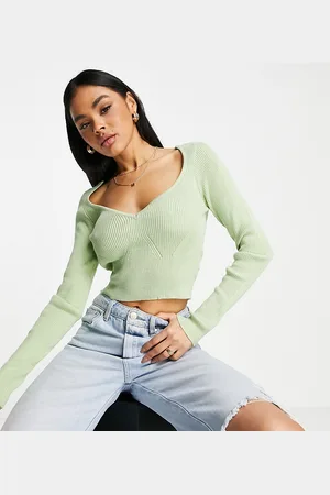 Missguided Maglione a coste color salvia con scollo a V