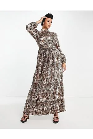 Flounce London Vestito lungo plissé in raso con stampa leopardata