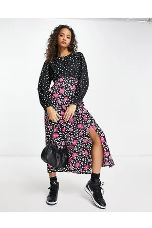 New Look Vestito midi a maniche lunghe con spacco laterale e stampa mista