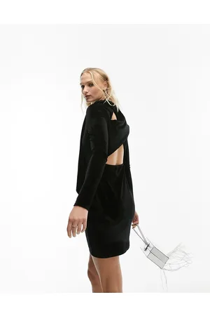 Topshop Vestito corto in velluto con nodo avvolgente aperto sul retro nero