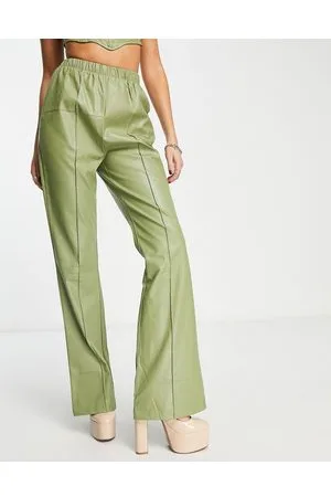 REBELLIOUS FASHION Pantaloni a zampa in pelle sintetica color kaki in coordinato