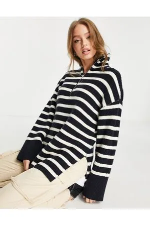 Monki Maglione oversize a righe blu navy e bianco sporco con zip