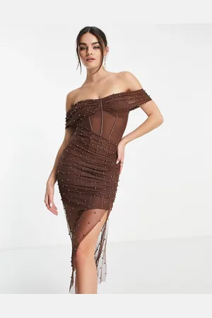 ASOS Vestito midi stile corsetto in rete color cioccolato con perle e scollo alla Bardot