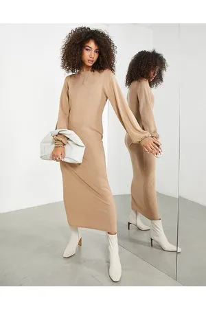 ASOS Vestito lungo a colonna in maglia fine a coste cammello