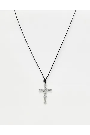 DesignB London Collana in corda nera e argentata con ciondolo a croce