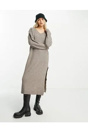 Weekday Ellen - Vestito maglia midi marrone con scollo a V