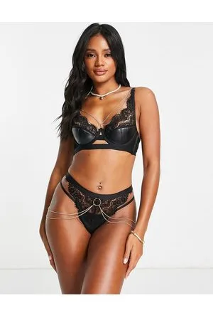 Hunkemöller Tallulah - Reggiseno a mezza coppa imbottito in pizzo e similpelle PU con catenina oro