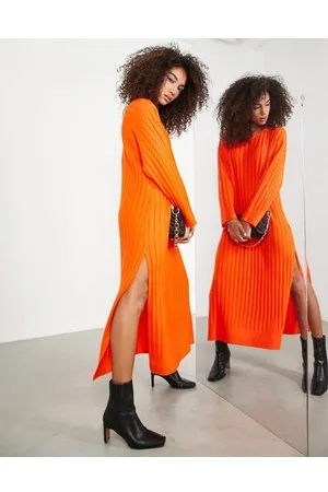 ASOS Vestito lungo extra largo in maglia a coste larghe con spacco laterale arancione