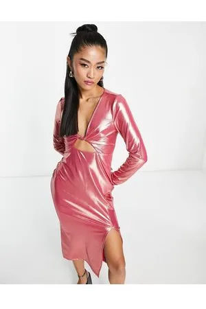 Monki Vestito midi metallizzato con cut-out e spacco