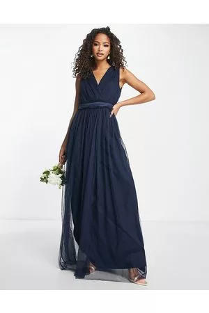 ANAYA Vestito lungo da damigella in tulle con scollo a V e volant in vita