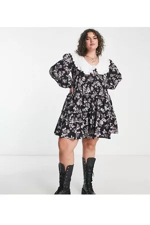 Reclaimed Plus - Vestito corto con stampa a fiori e colletto a contrasto