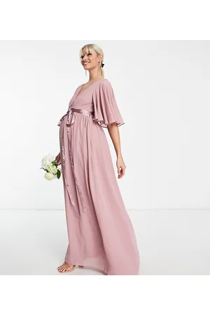 TFNC Vestito lungo da damigella color lavanda a pieghe con maniche a kimono a pipistrello