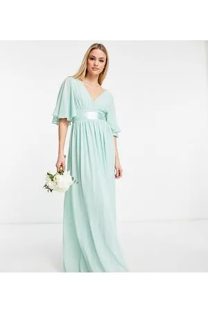 TFNC Vestito lungo da damigella color salvia a pieghe con maniche a kimono a pipistrello