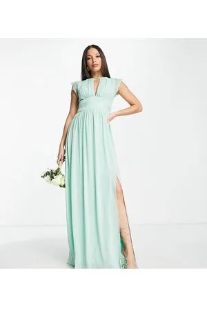 TFNC Vestito lungo da damigella in chiffon color salvia con dettagli in pizzo