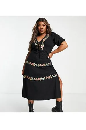 ASOS ASOS DESIGN Curve - Vestito midi a balze allacciato sul davanti con ricamo a fiori