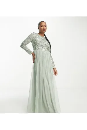 Maya Vestito lungo a maniche lunghe da damigella salvia con paillettes delicate