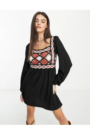 ASOS Donna Vestiti sexy - Vestito corto all'uncinetto a maniche lunghe nero