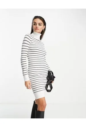 French Connection Vestito in maglia a collo alto bianco a righe