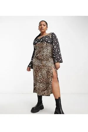 River Island Vestito midi marrone con stampa mista animalier e a pois