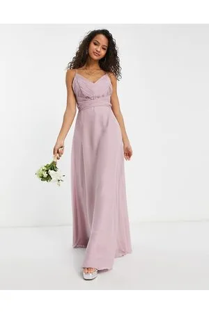 ASOS Vestito lungo da damigella allacciato in vita con spalline sottili e corpetto arricciato color orchidea