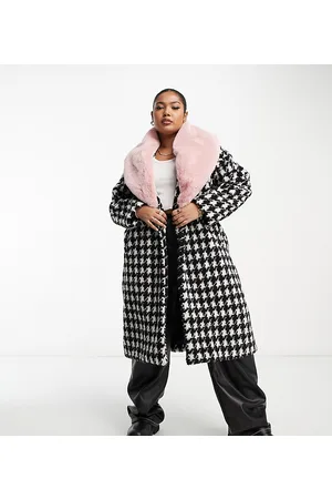 Urban Code Urban Code Plus - Cappotto taglio lungo pied de poule con colletto in pelliccia sintetica rosa