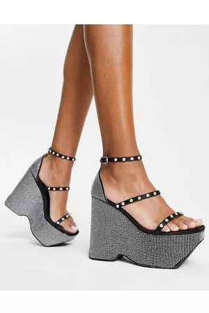 AZALEA WANG Lizzy - Sandali con zeppe con strass neri e argento
