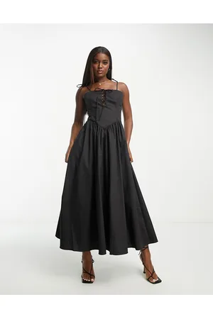 Glamorous Donna Vestiti midi - Vestito grembiule midi nero allacciato sul davanti con spalline sottili