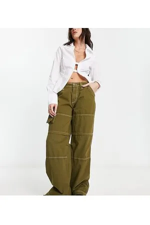 COLLUSION Pantaloni cargo oliva con tasche e cuciture a contrasto
