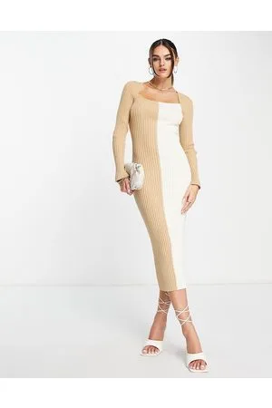 Rare Fashion London - Vestito midi in maglia beige e bianco combinato