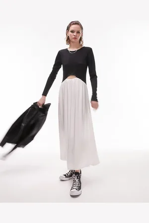 Topshop Vestito midi nero e avorio in misto raso e jersey