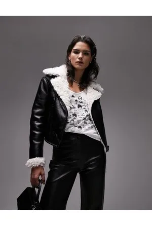 Topshop Giacca corta stile aviatore in montone sintetico nera con fodera in pelliccia sintetica arruffata