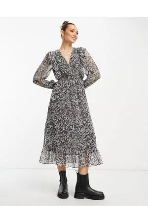 MANGO Vestito midi nero con volant e stampa cachemire