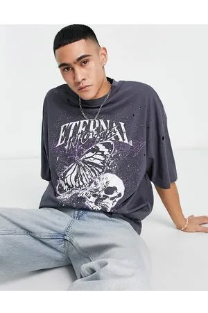ASOS T-shirt oversize grigia con stampa di farfalla e particolari bucherellati