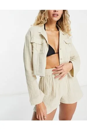 ASOS Camicia da mare oversize in doppia garza color avena con tasca in coordinato