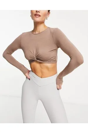 South Beach Top a maniche lunghe color talpa in jersey con incrocio sul davanti