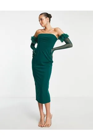 Rare Fashion London - Vestito midi a fascia stile corsetto con guanti e piume sintetiche