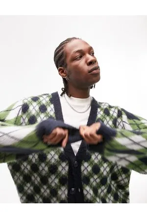 Topman Cardigan in maglia verde a losanghe miste