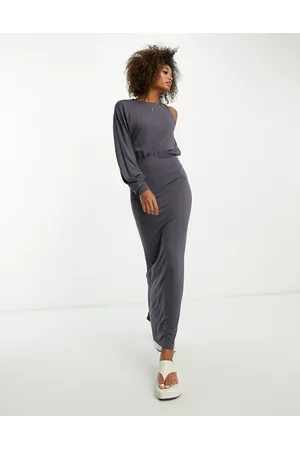 ASOS Vestito lungo con manica a campana e allacciatura laterale color antracite