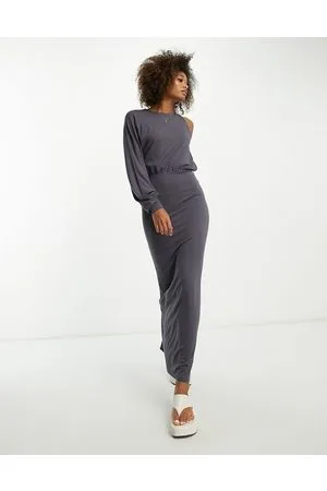 ASOS Vestito lungo con manica a campana e allacciatura laterale color antracite
