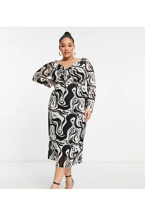 Simply Be Vestito midi in rete monocromatica con stampa astratta e allacciatura sul davanti