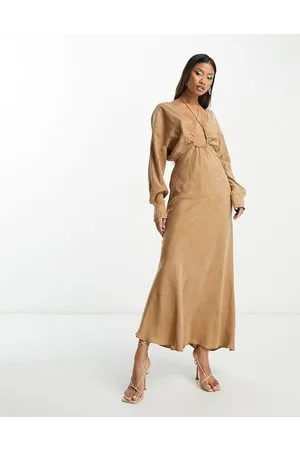 ASOS Vestito lungo color moka arricciato con coulisse e cut-out