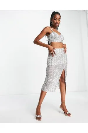 Miss Selfridge Gonna midi premium decorata con dettagli stile corda - SILVER