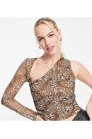 Lola May Crop top arricciato in rete marrone leopardata con cut-out sul davanti