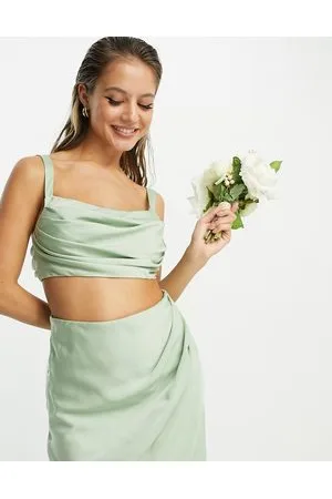 ASOS Bridesmaid - Crop top da damigella in raso salvia drappeggiato con fiocco sul retro