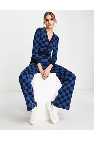 Gianni Feraud Donna Leggings & Treggings - Pantaloni ampi in maglia a scacchi blu in coordinato
